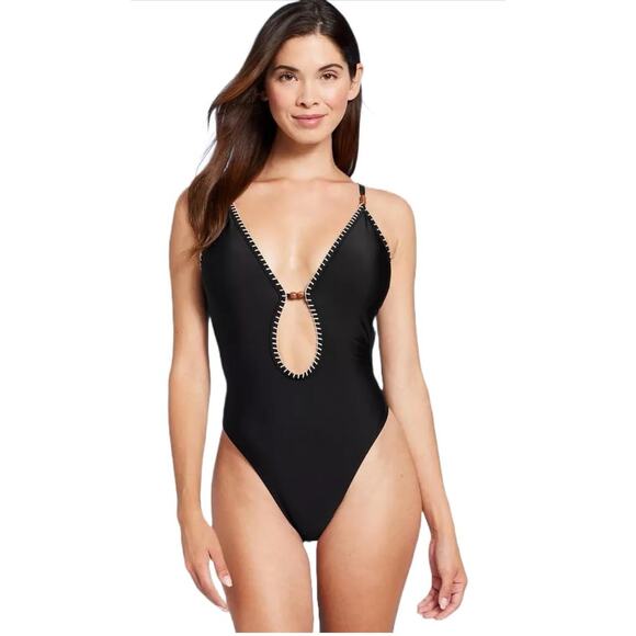 Shade & Shore Other - Shade & Shore Women's Plunge Bead Detail Extra High Leg One Piece Swimsuit Large